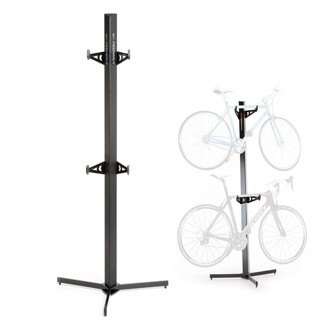 Feedback Sports Velo Cache vertical bike storage stand in studio on white not in use. next to one in use with ghosted bikes.
