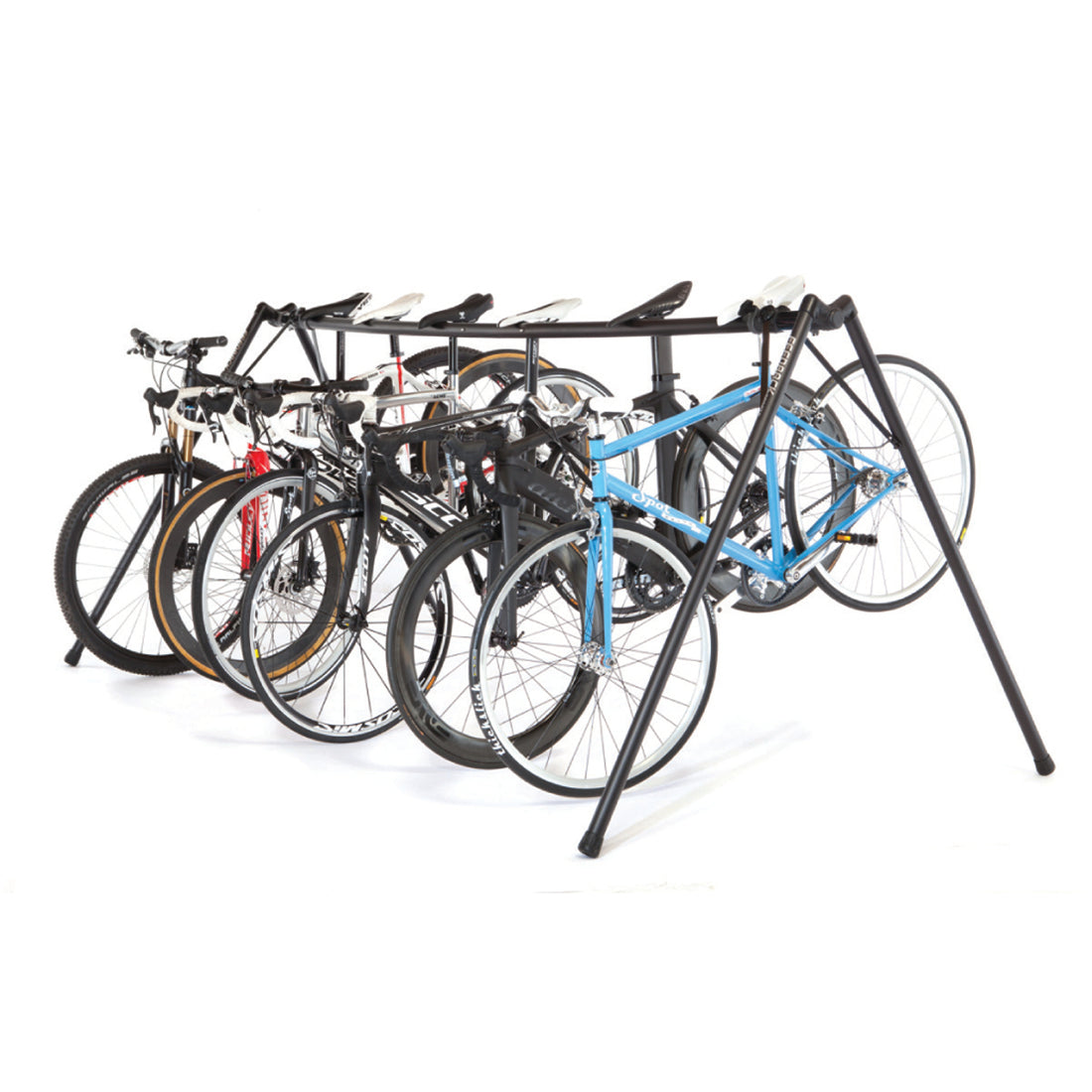 Feedback Sports A-Frame event bike storage stand loaded with bikes on white background.