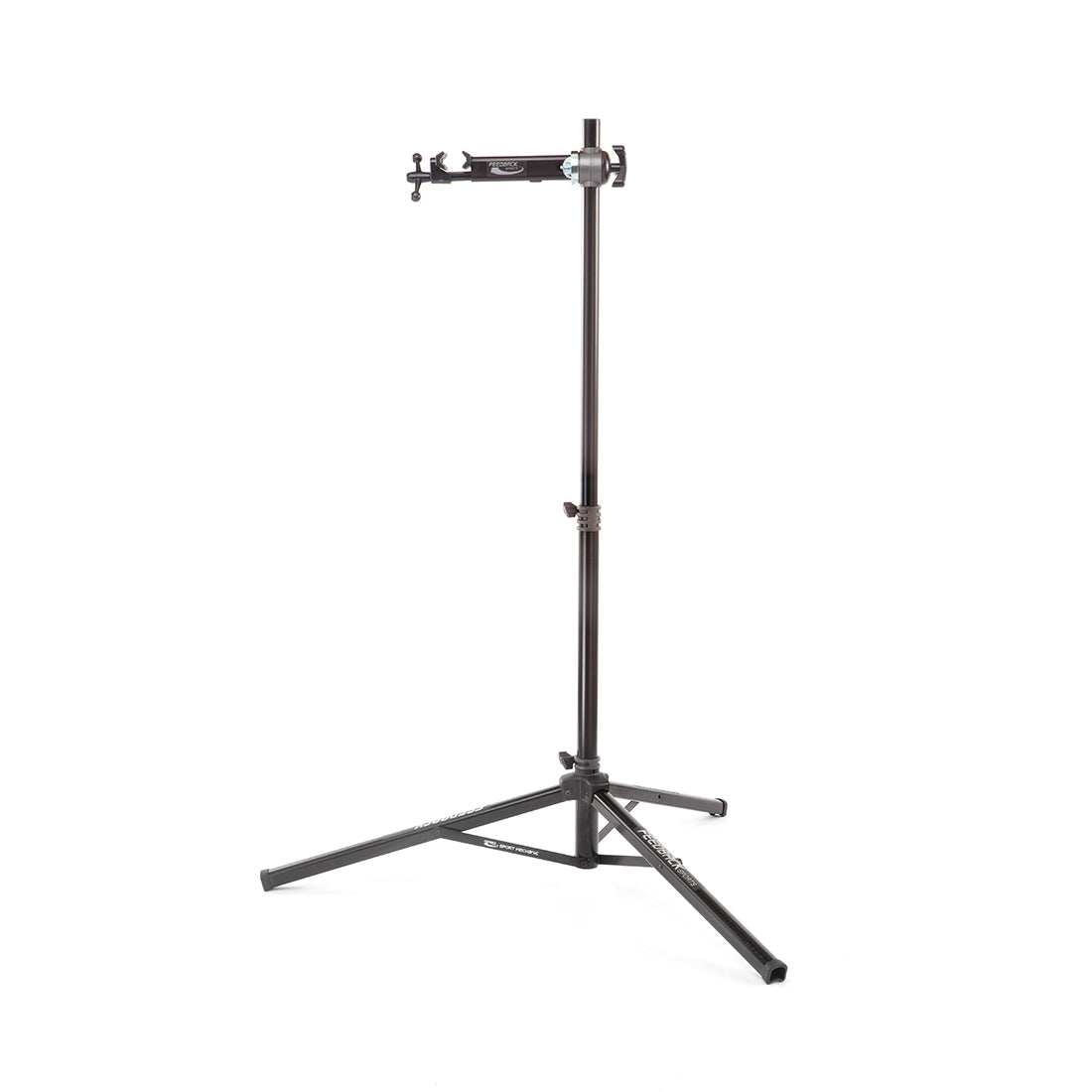 Black bike repair stand deployed for use in studio on white.