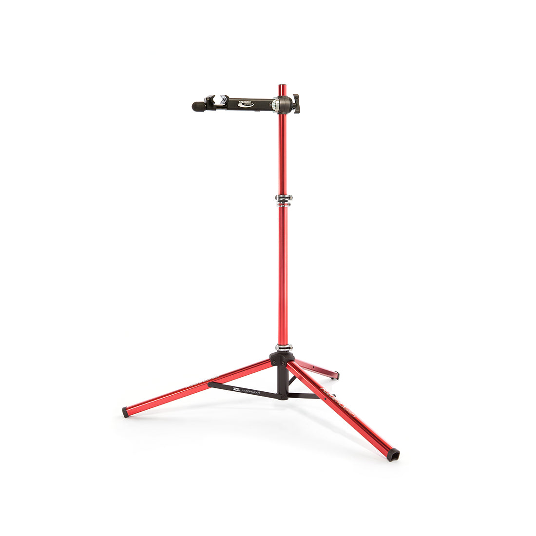Feedback Sports Ultralight bike repair stand deployed for use on white background.