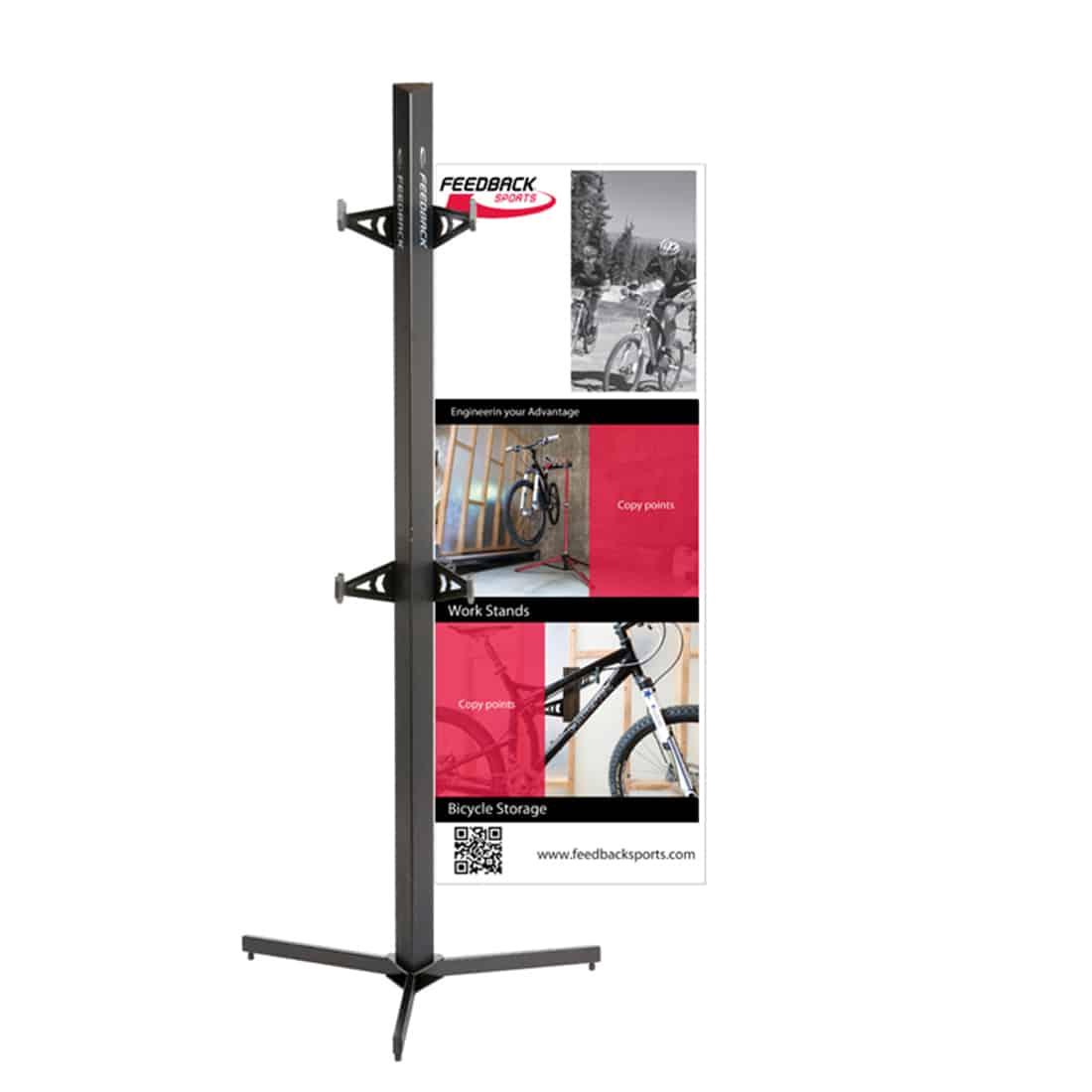 Vertical bike storage stand with banners on white background.