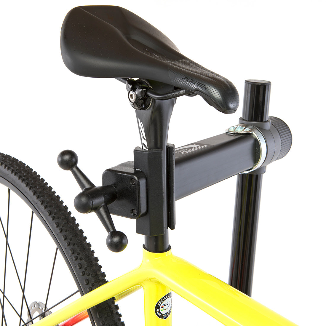 Close up of Feedback Sports Recreational repair stand clamping jaw with bike 