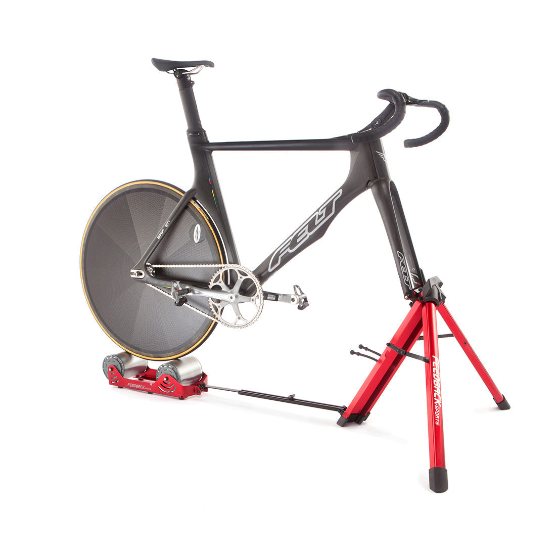 Track bike mounted on Omnium bike trainer in studio.