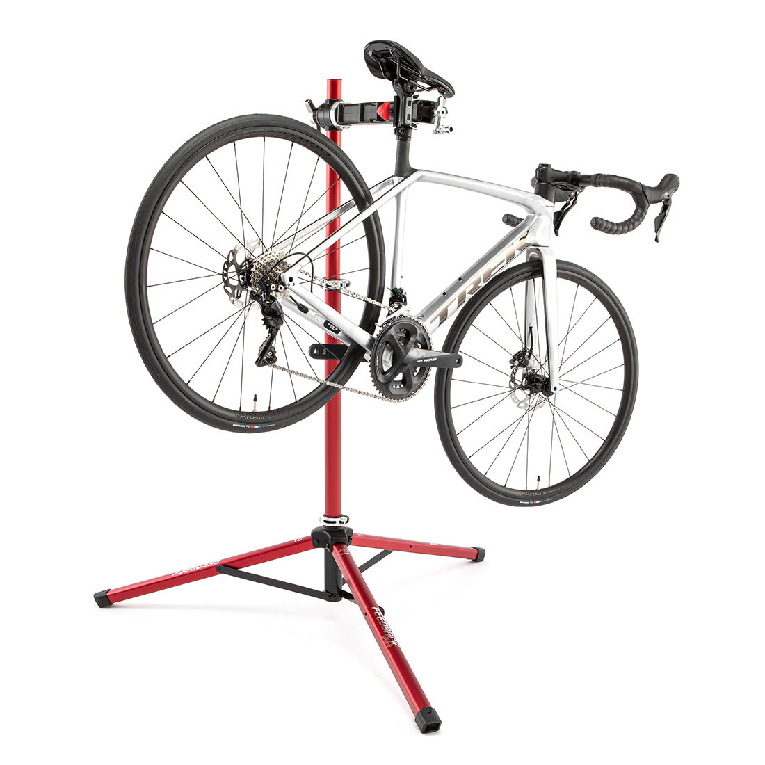 Pro Mechanic bike repair stand with road bike installed for use on white background.