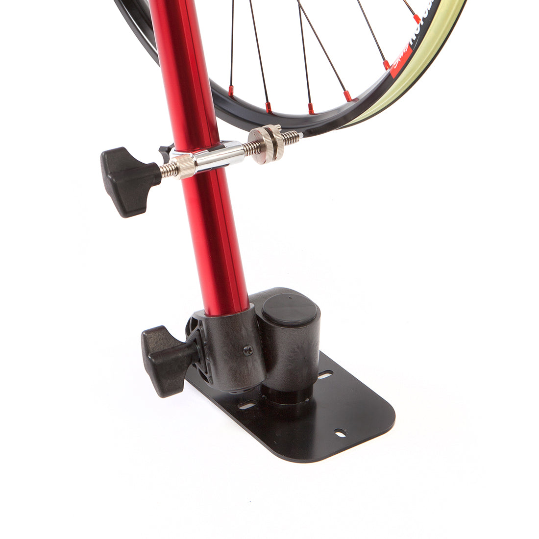 Bike wheel truing stand with bench mount.