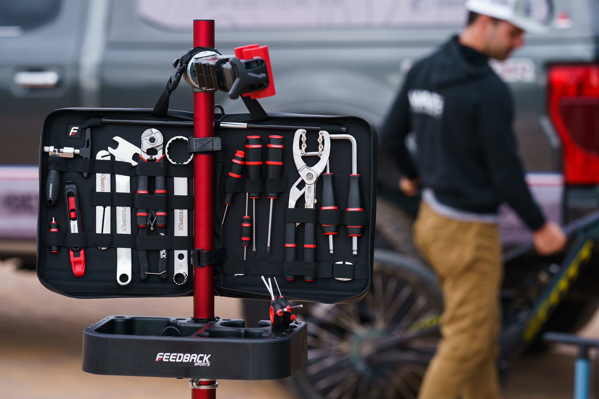 tool tray, repair stand, and toolkit at a race
