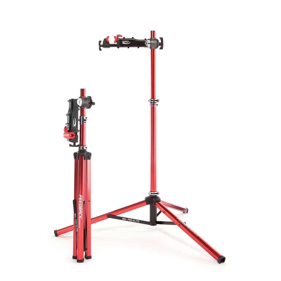 Feedback Sports bike repair stand folded up and deployed for use.